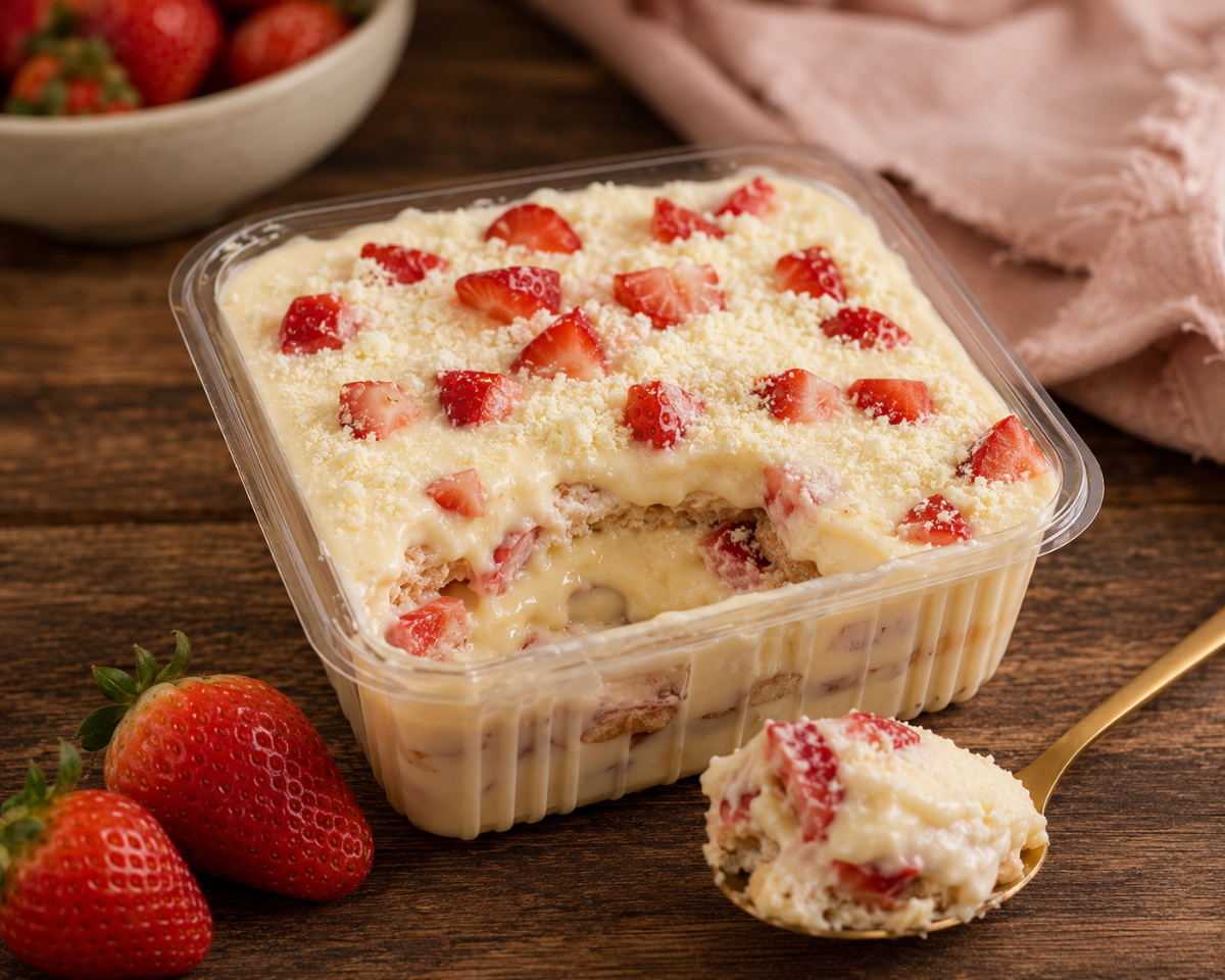 Pavê de morango com leite Ninho e morangos frescos picados